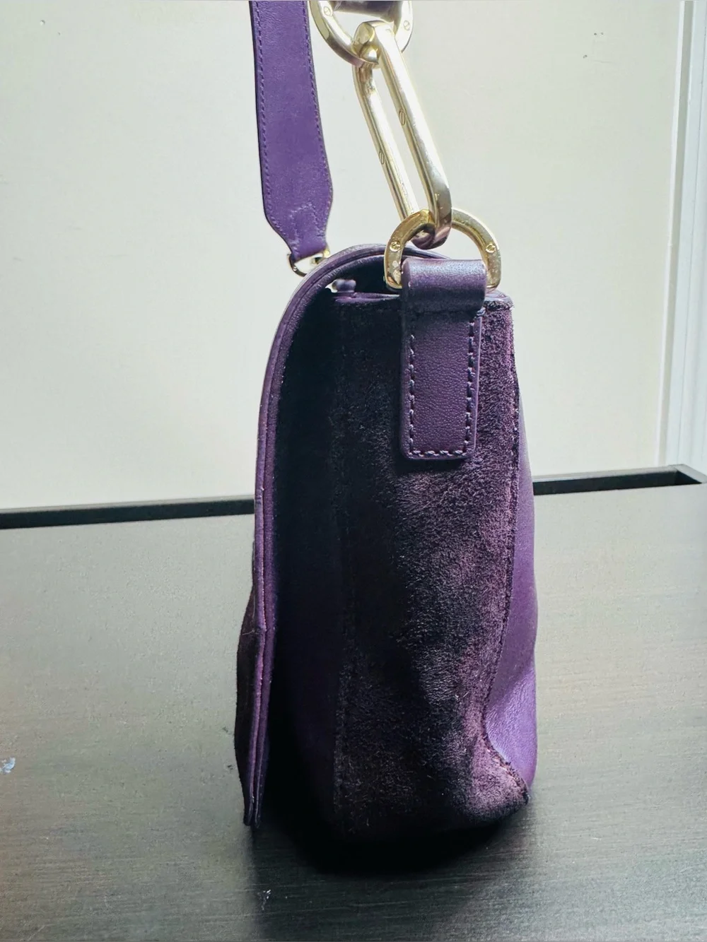 Tory Burch Natalie Patchwork Purple suede Colorblock Leather Shoulder Bag